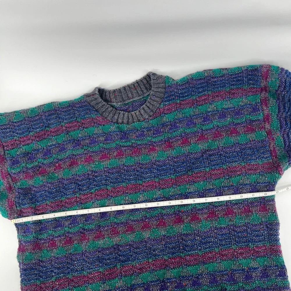 Vintage Wool Knit‎ Sweater Oversized Striped Geometric Crew Neck Teal Purple M/L